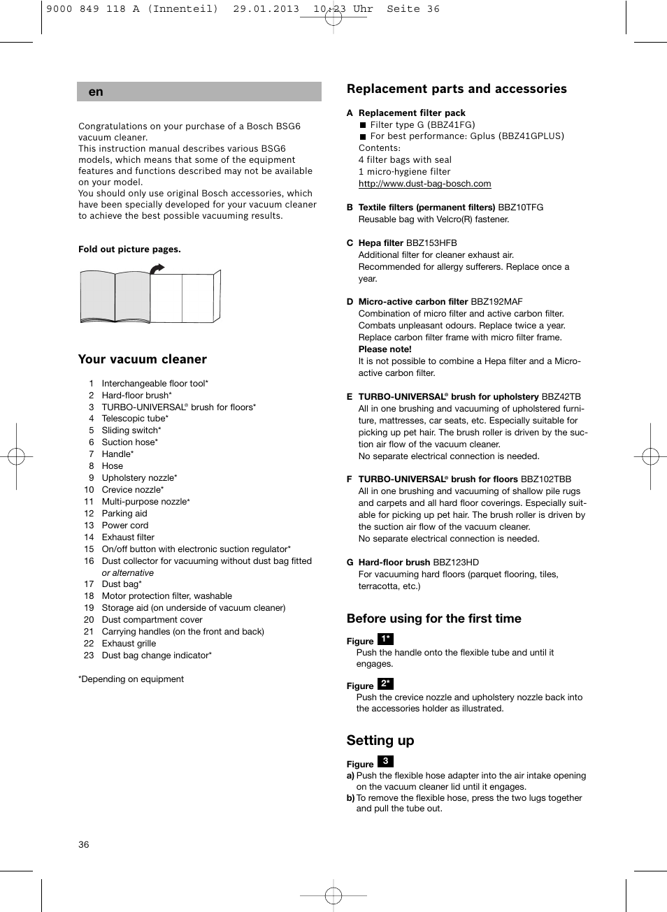 Setting up, Replacement parts and accessories, Before using for the first time | Your vacuum cleaner | Bosch Logo Series User Manual | Page 37 / 135