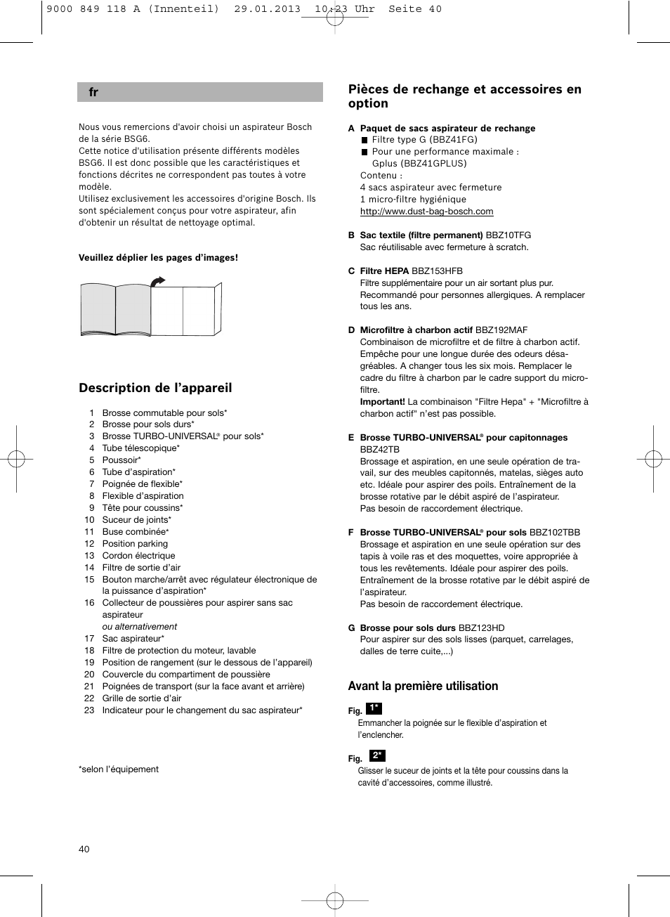 Description de l’appareil, Pièces de rechange et accessoires en option, Avant la première utilisation | Bosch Logo Series User Manual | Page 41 / 135