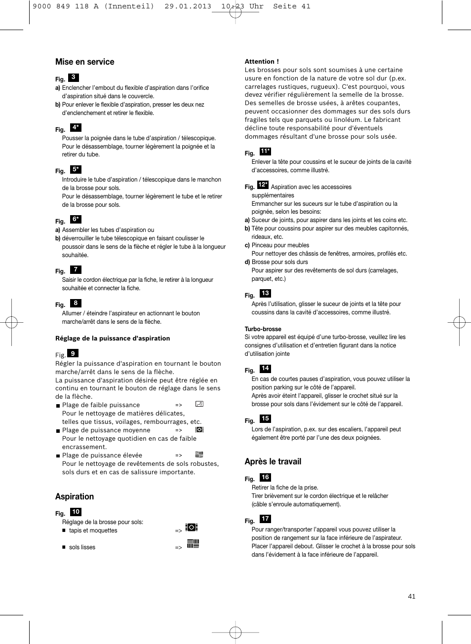 Mise en service, Aspiration, Après le travail | Bosch Logo Series User Manual | Page 42 / 135