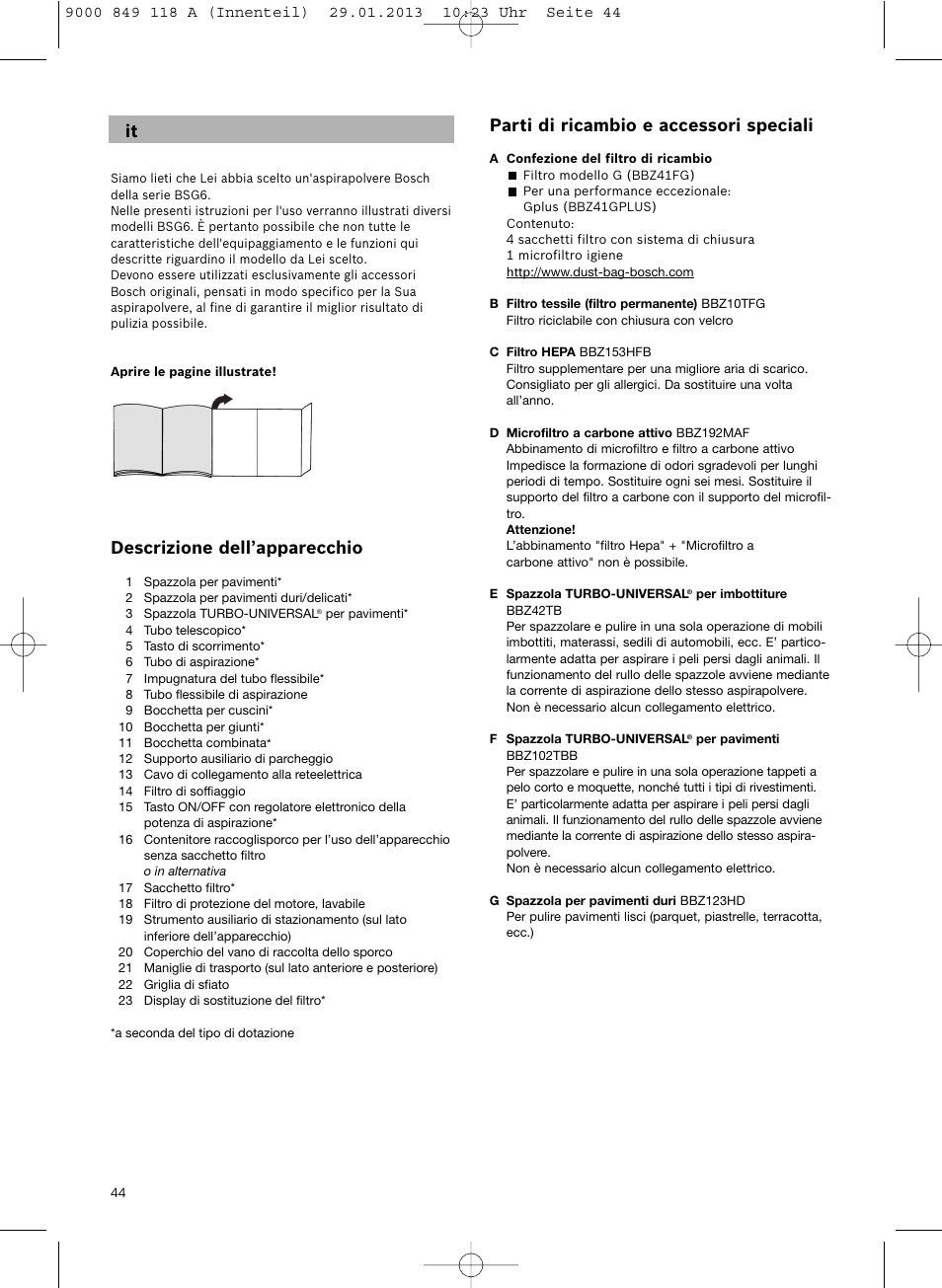 Descrizione dell’apparecchio, Parti di ricambio e accessori speciali | Bosch Logo Series User Manual | Page 45 / 135