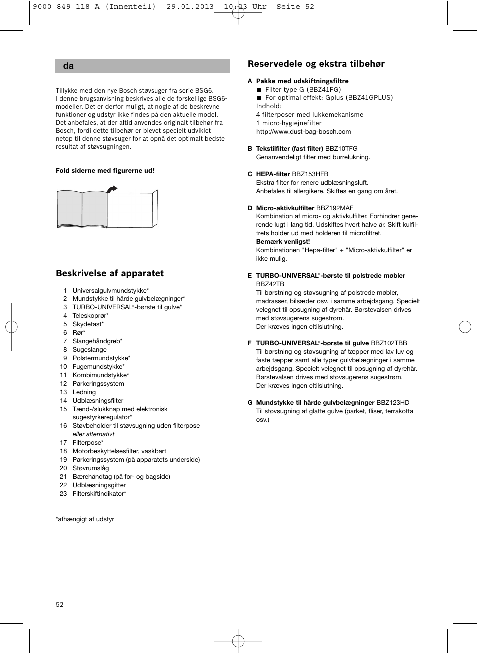 Reservedele og ekstra tilbehør, Beskrivelse af apparatet | Bosch Logo Series User Manual | Page 53 / 135