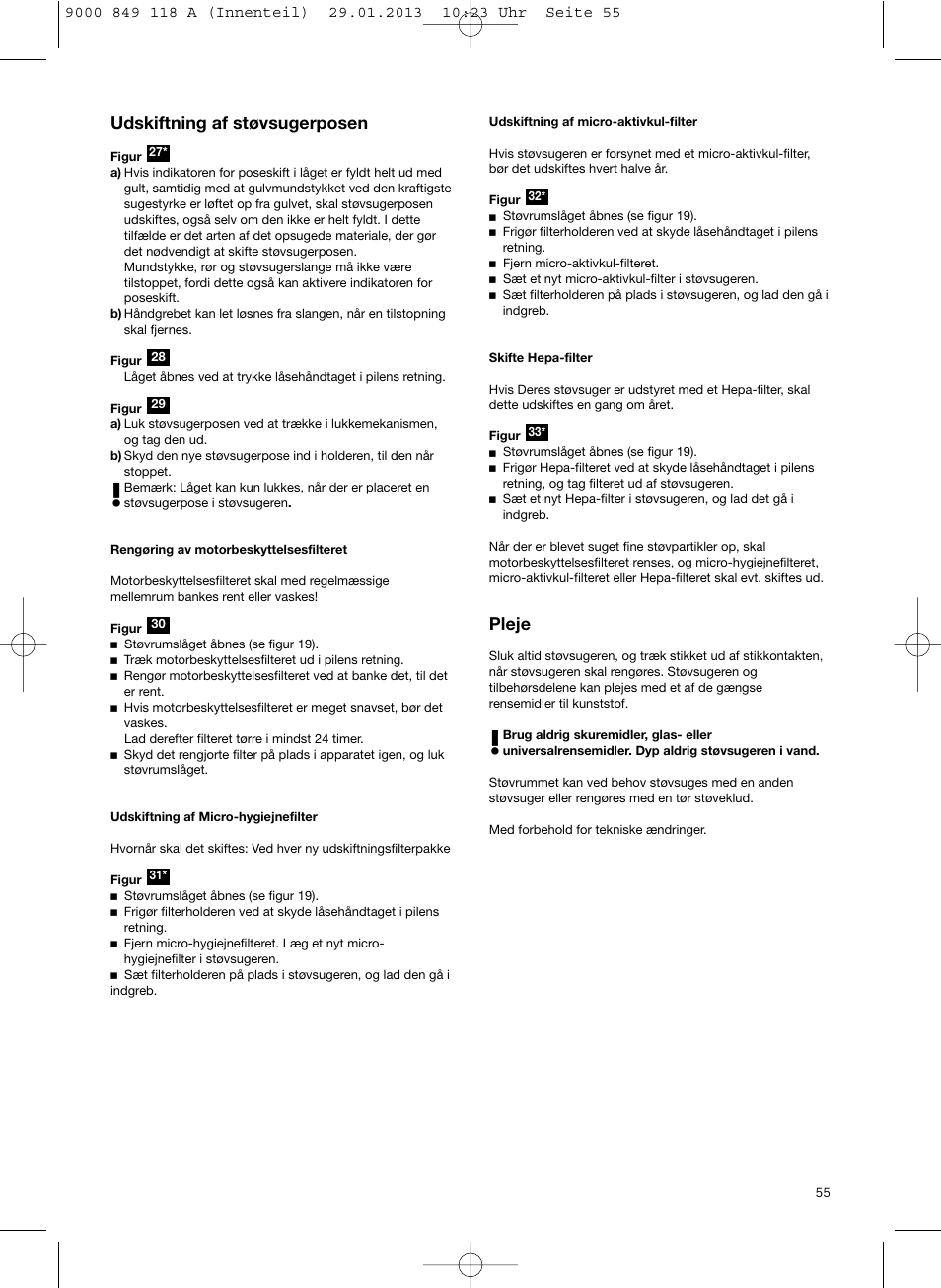 Udskiftning af støvsugerposen, Pleje | Bosch Logo Series User Manual | Page 56 / 135