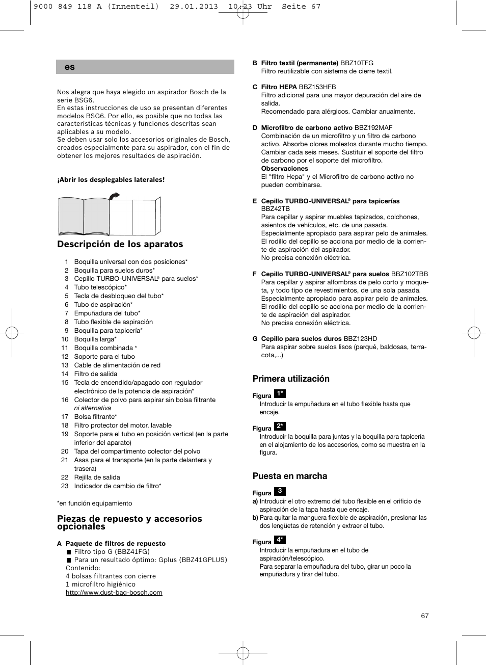 Descripción de los aparatos, Piezas de repuesto y accesorios opcionales, Primera utilización | Puesta en marcha | Bosch Logo Series User Manual | Page 68 / 135