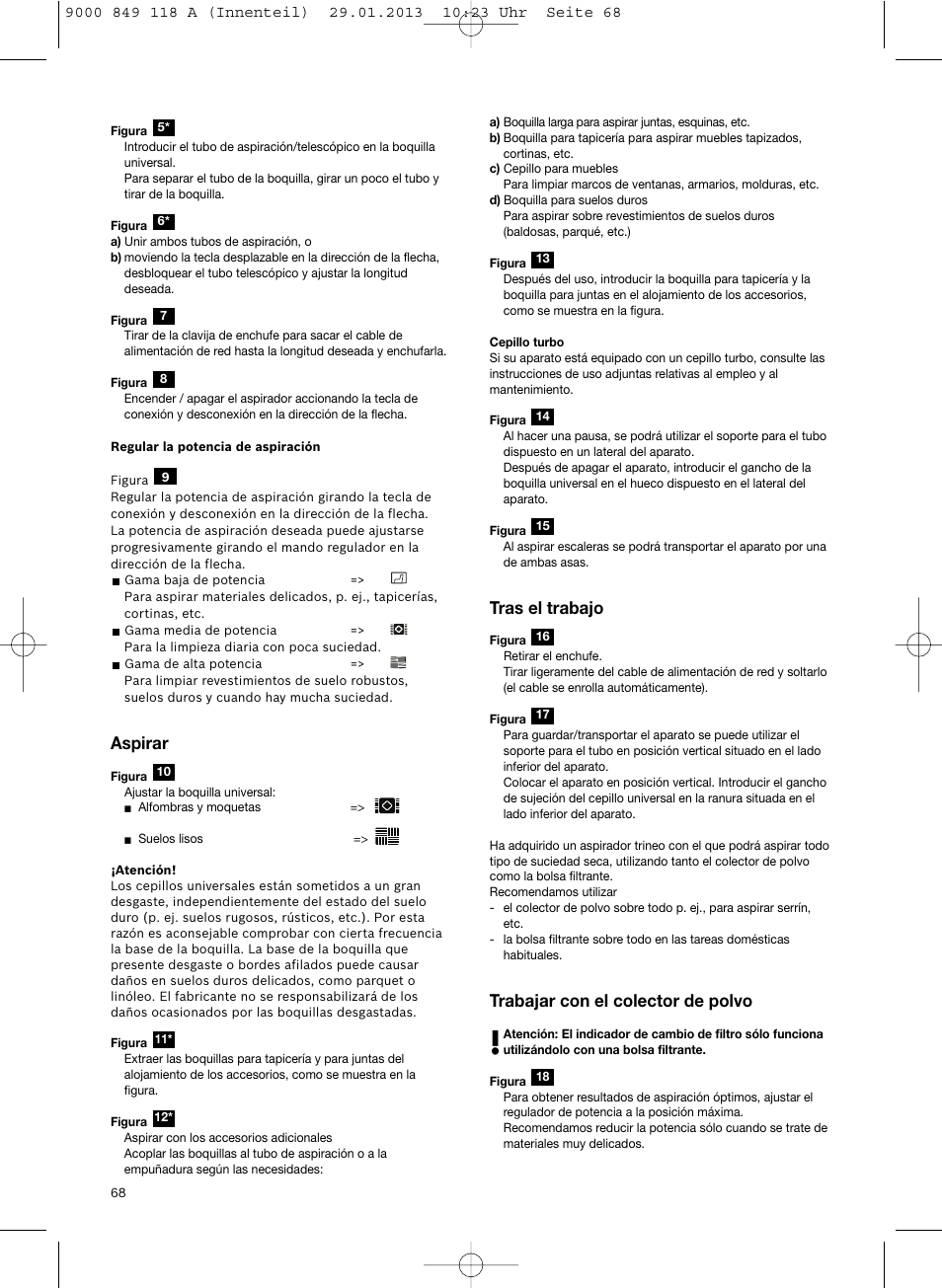 Aspirar, Tras el trabajo, Trabajar con el colector de polvo | Bosch Logo Series User Manual | Page 69 / 135