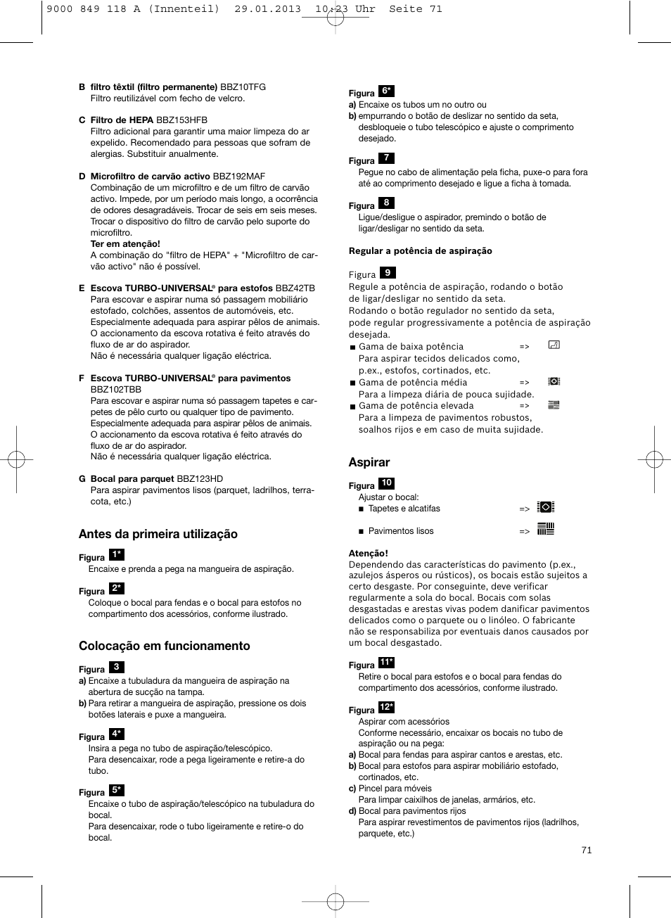 Antes da primeira utilização, Colocação em funcionamento, Aspirar | Bosch Logo Series User Manual | Page 72 / 135