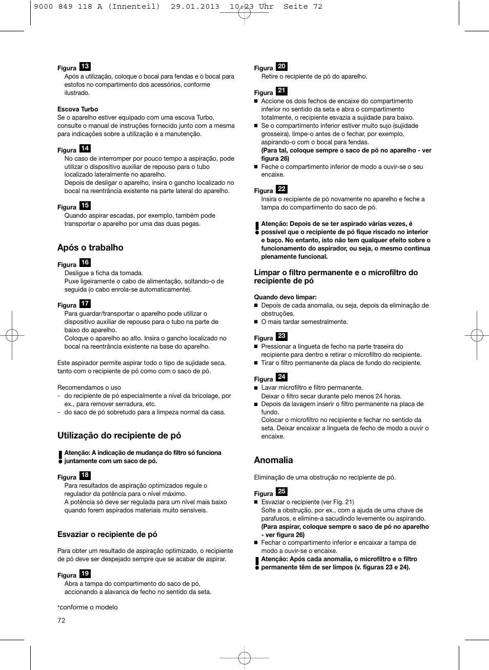 Após o trabalho, Utilização do recipiente de pó, Anomalia | Bosch Logo Series User Manual | Page 73 / 135