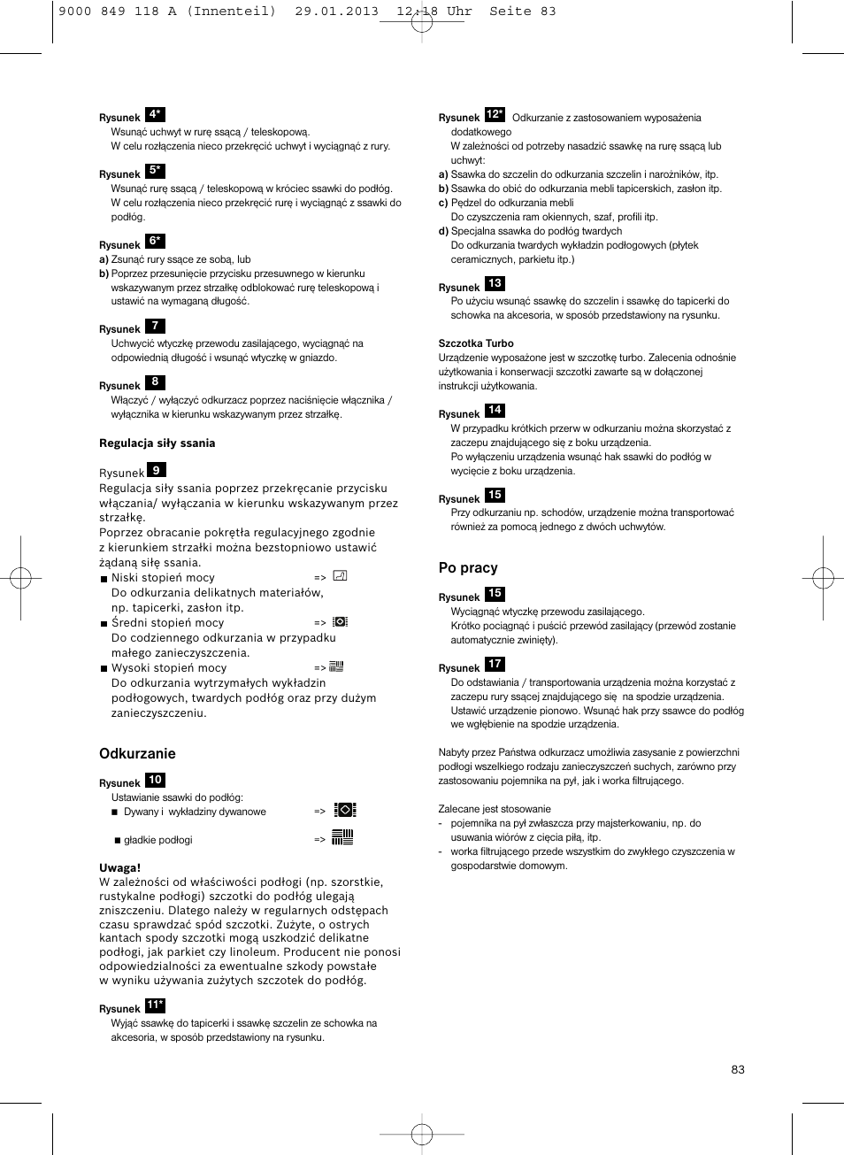 Po pracy, Odkurzanie | Bosch Logo Series User Manual | Page 84 / 135