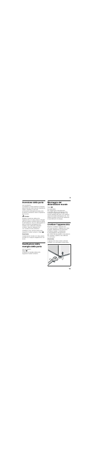 Inversione della porta, Sostituzione della maniglia della porta, Montaggio del distanziatore murale | Livellare l’apparecchio | Bosch KGF39PI23R User Manual | Page 13 / 44