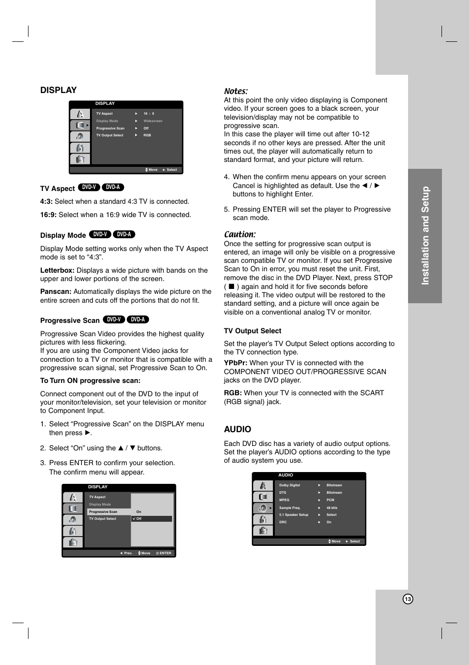 Installation and setup, Display, Audio | LG DK487 User Manual | Page 13 / 58