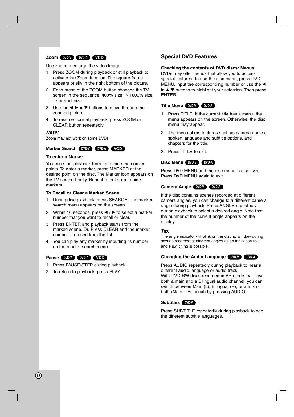 Special dvd features | LG DK487 User Manual | Page 18 / 58