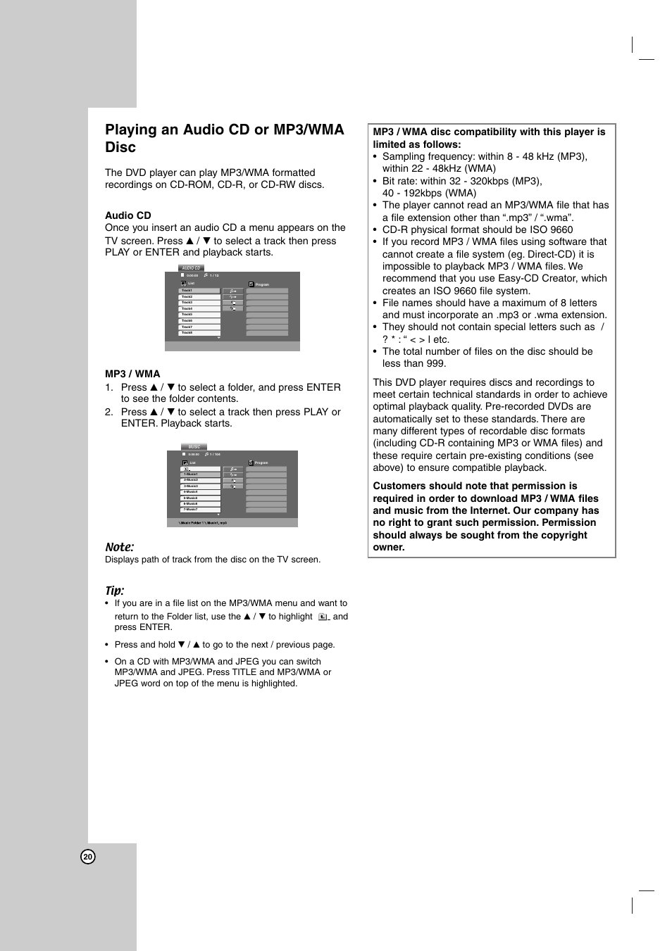Playing an audio cd or mp3/wma disc | LG DK487 User Manual | Page 20 / 58
