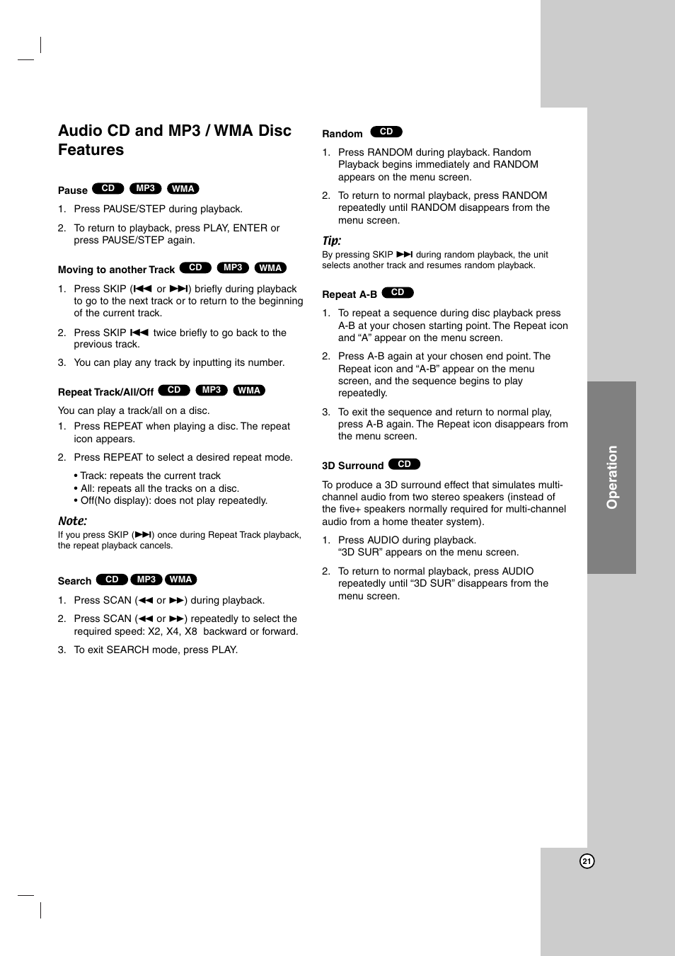 Audio cd and mp3 / wma disc features, Operation | LG DK487 User Manual | Page 21 / 58