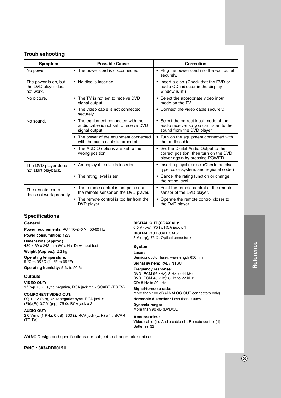 Ref erence, Troubleshooting specifications | LG DK487 User Manual | Page 29 / 58