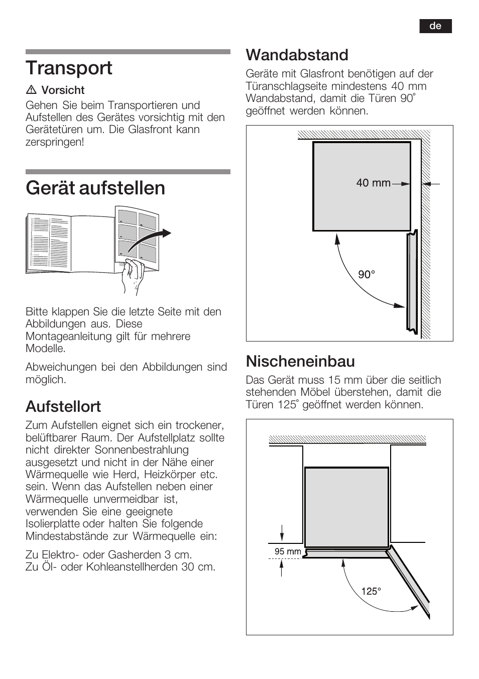 Transport, Gerät aufstellen, Aufstellort | Wandabstand, Nischeneinbau | Bosch KGN36S56RU Климатический класс SN-T Класс энергопотребления A Система NoFrost в холодильном и морозильном отделениях Premium User Manual | Page 5 / 40