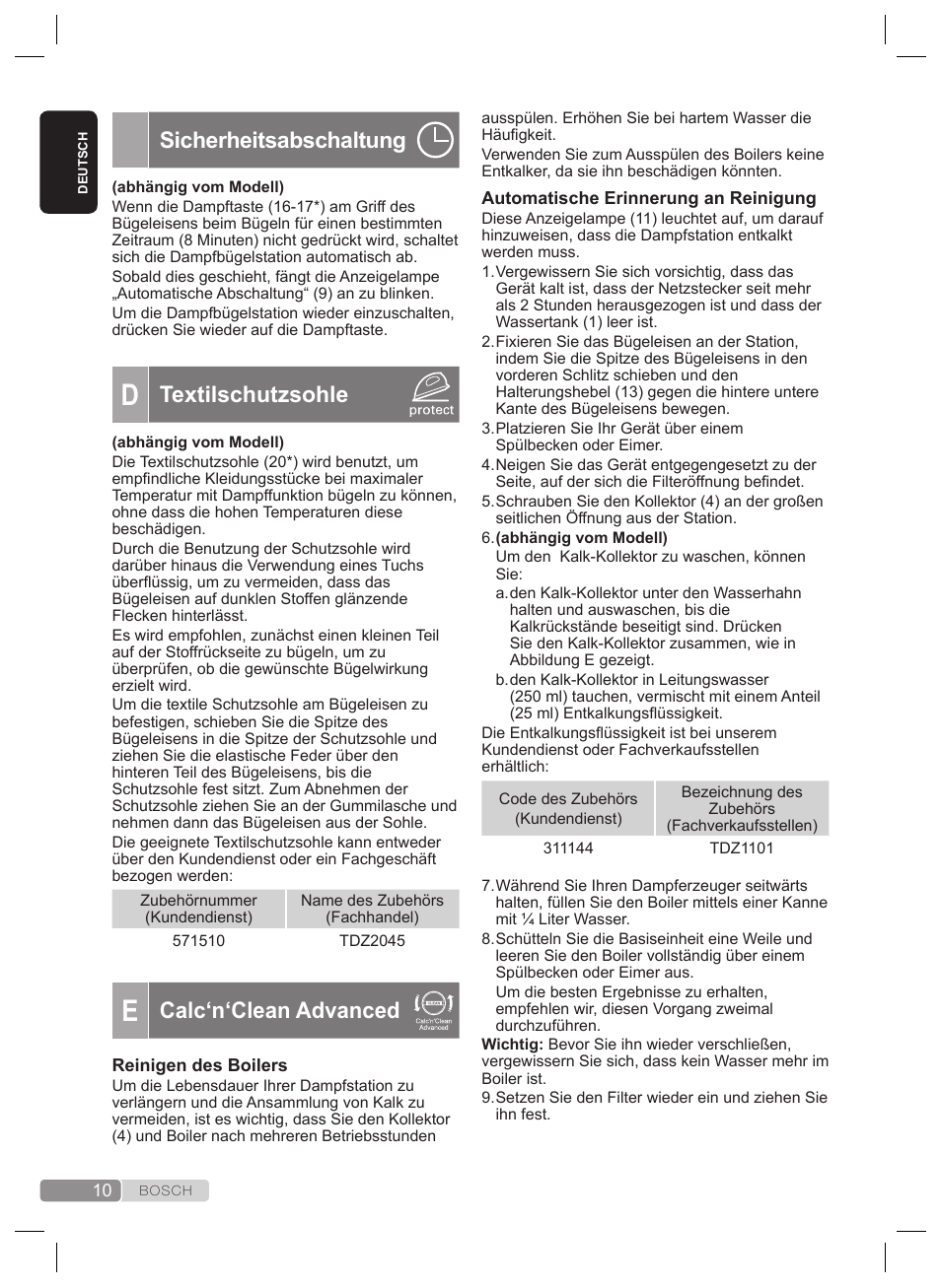 Sicherheitsabschaltung, Textilschutzsohle, Calc‘n‘clean advanced | Bosch TDS4530 User Manual | Page 10 / 160