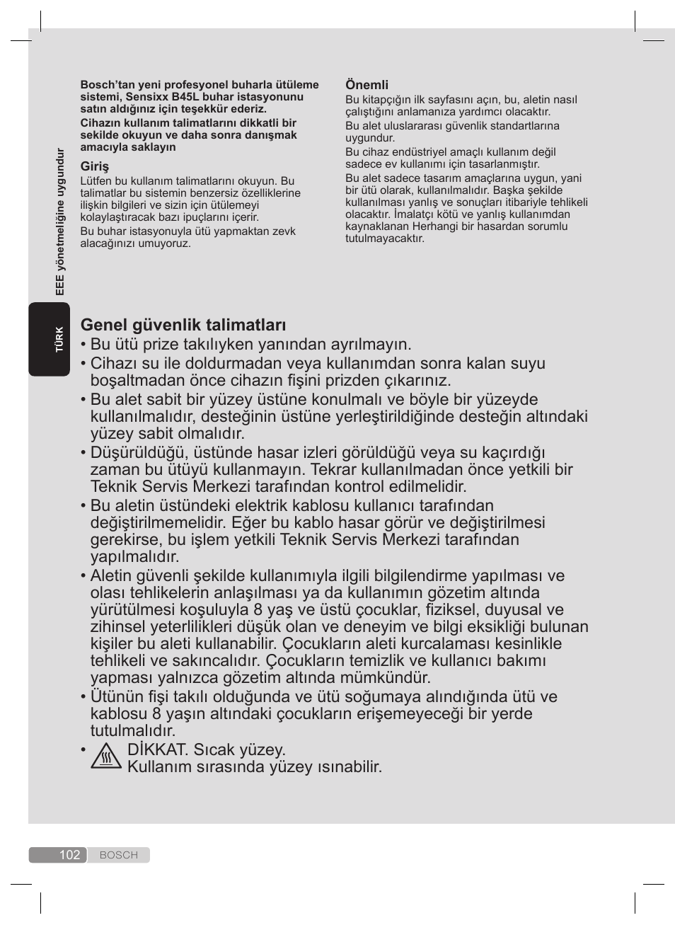 Genel güvenlik talimatları | Bosch TDS4530 User Manual | Page 102 / 160
