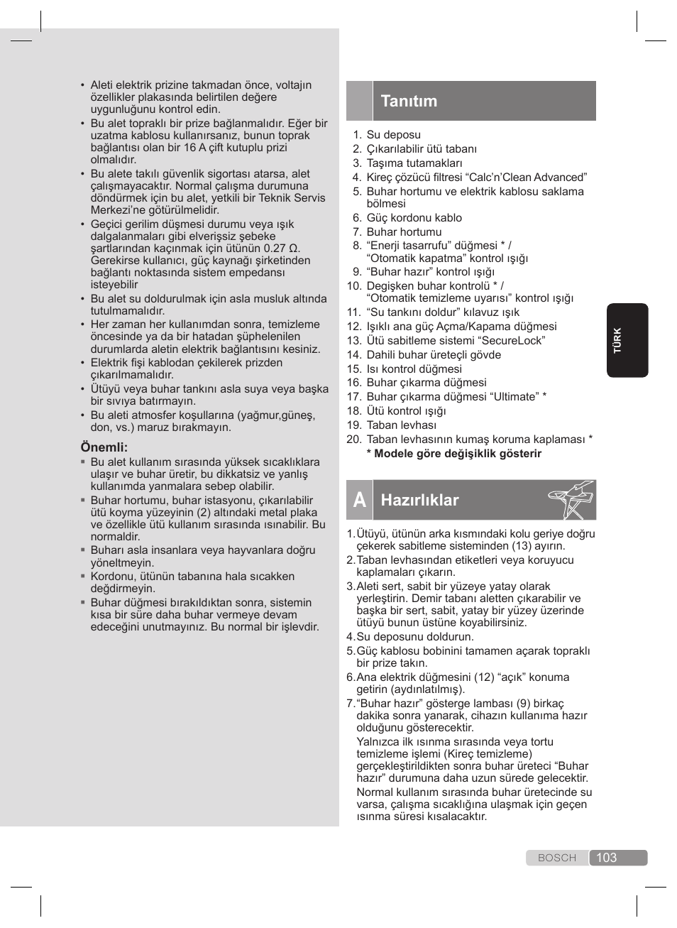 Tanıtım, Hazırlıklar | Bosch TDS4530 User Manual | Page 103 / 160