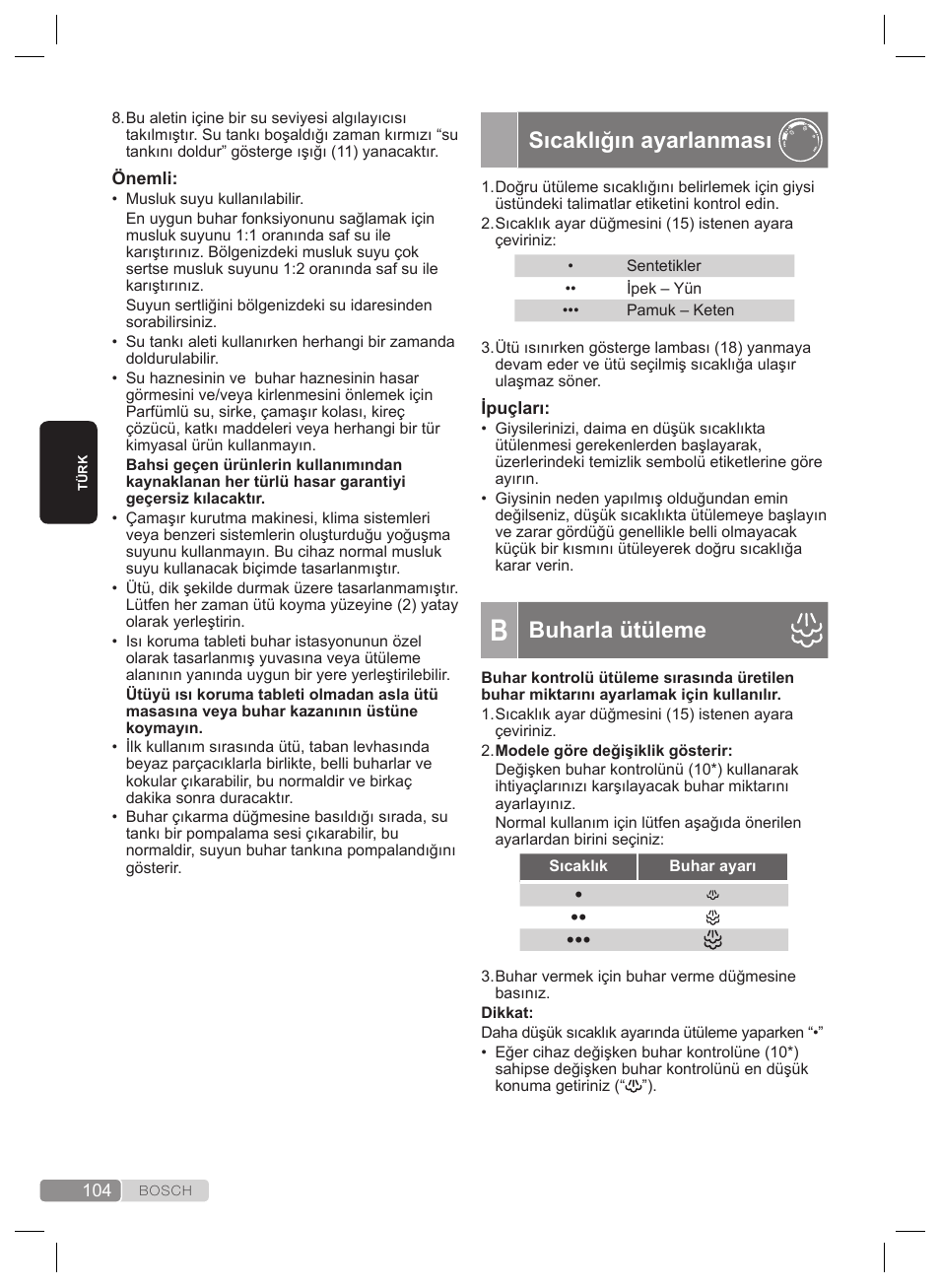 Sıcaklığın ayarlanması, Buharla ütüleme | Bosch TDS4530 User Manual | Page 104 / 160