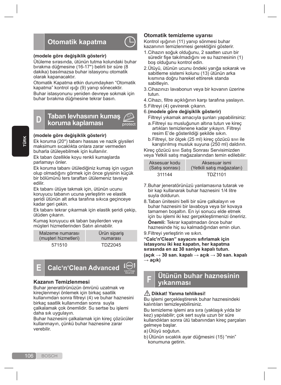 Ütünün buhar haznesinin yıkanması, Otomatik kapatma, Taban levhasının kumaş koruma kaplaması | Calc‘n‘clean advanced | Bosch TDS4530 User Manual | Page 106 / 160