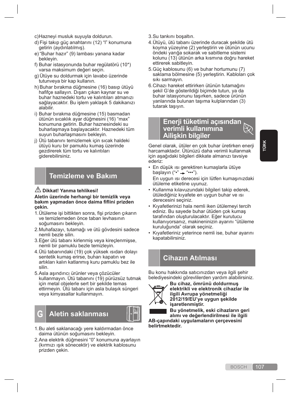 Temizleme ve bakım, Aletin saklanması, Cihazın atılması | Bosch TDS4530 User Manual | Page 107 / 160