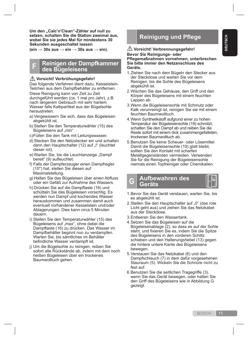 Reinigung und pflege, Aufbewahren des geräts, Reinigen der dampfkammer des bügeleisens | Bosch TDS4530 User Manual | Page 11 / 160