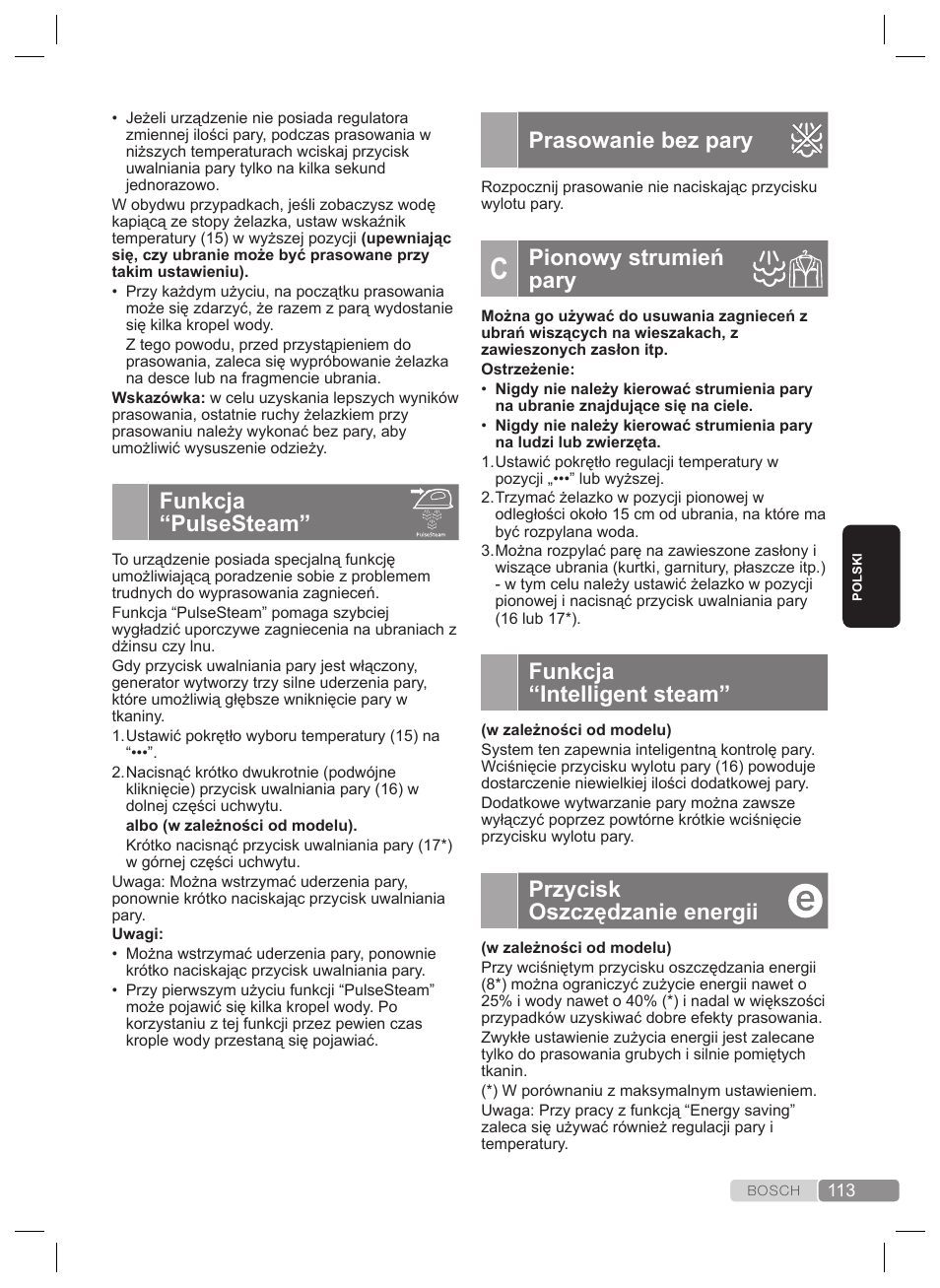 Prasowanie bez pary, Pionowy strumień pary, Funkcja “intelligent steam | Przycisk oszczędzanie energii, Funkcja “pulsesteam | Bosch TDS4530 User Manual | Page 113 / 160