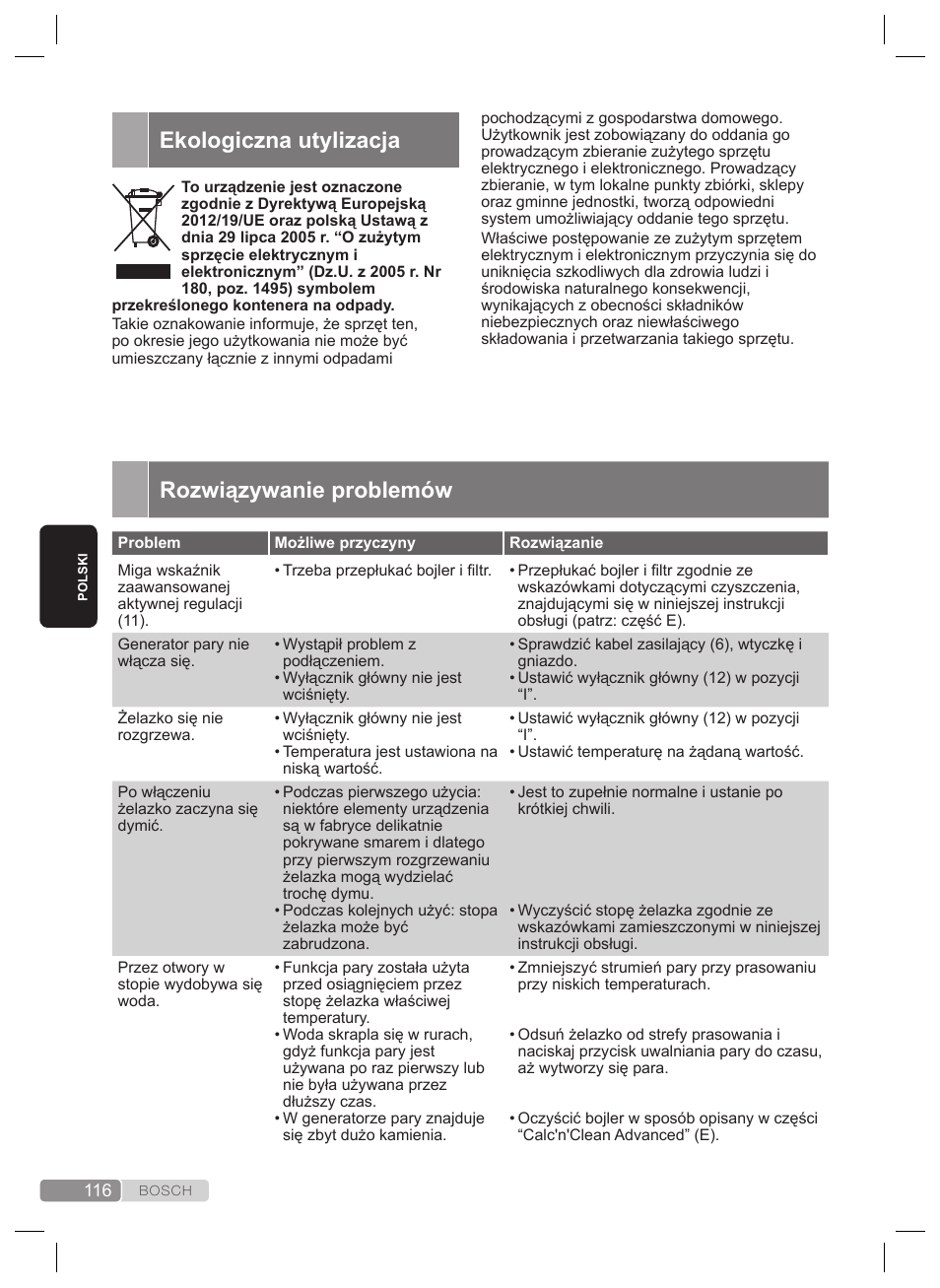 Rozwiązywanie problemów, Ekologiczna utylizacja | Bosch TDS4530 User Manual | Page 116 / 160
