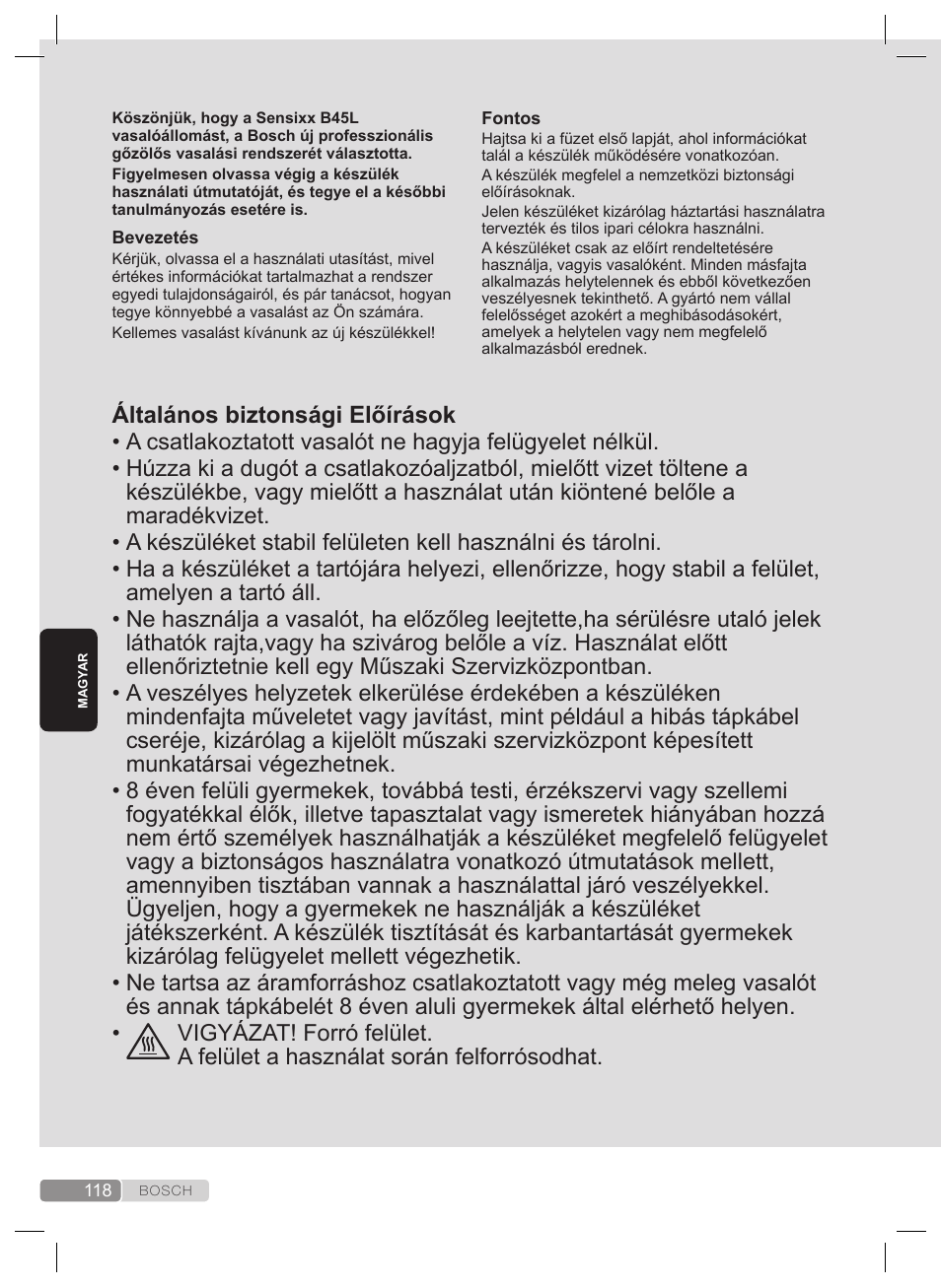 Általános biztonsági előírások | Bosch TDS4530 User Manual | Page 118 / 160