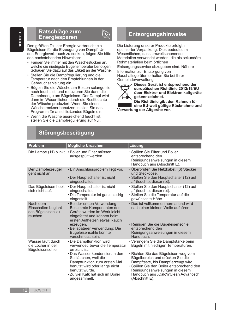 Entsorgungshinweise, Ratschläge zum energiesparen, Störungsbeseitigung | Bosch TDS4530 User Manual | Page 12 / 160