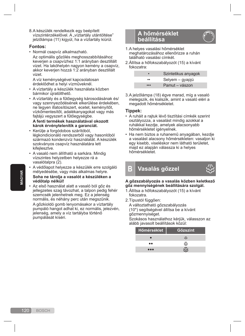 A hőmérséklet beállítása, Vasalás gőzzel | Bosch TDS4530 User Manual | Page 120 / 160
