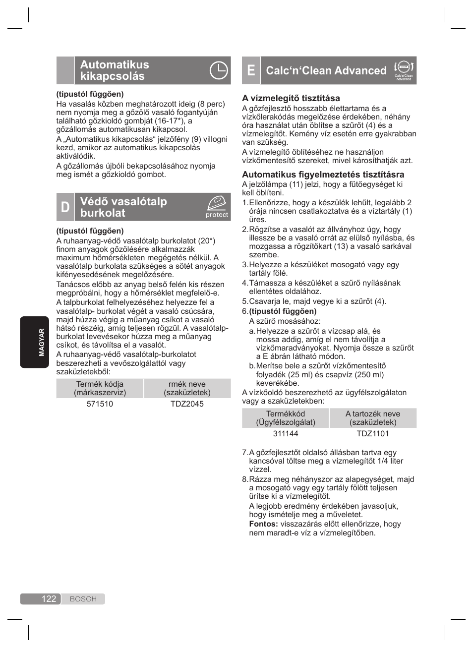 Calc‘n‘clean advanced, Automatikus kikapcsolás, Védő vasalótalp burkolat | Bosch TDS4530 User Manual | Page 122 / 160