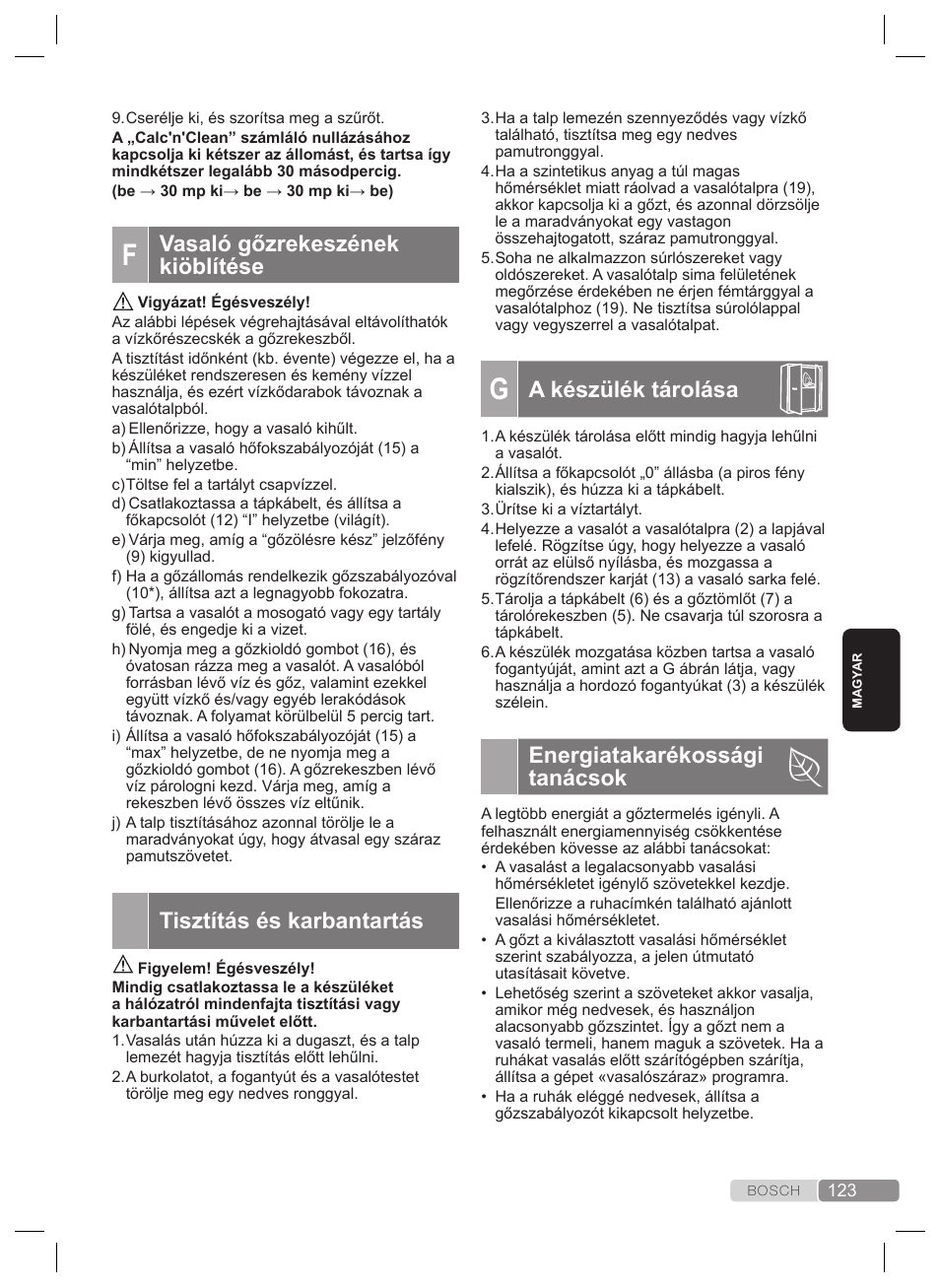 A készülék tárolása, Energiatakarékossági tanácsok, Vasaló gőzrekeszének kiöblítése | Tisztítás és karbantartás | Bosch TDS4530 User Manual | Page 123 / 160