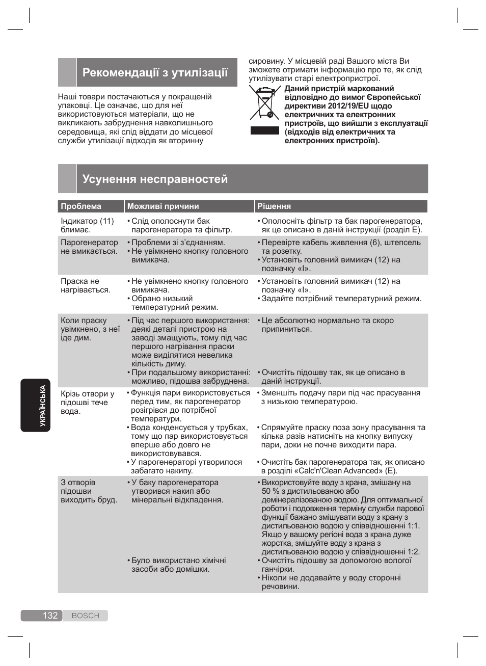 Усунення несправностей, Рекомендації з утилізації | Bosch TDS4530 User Manual | Page 132 / 160