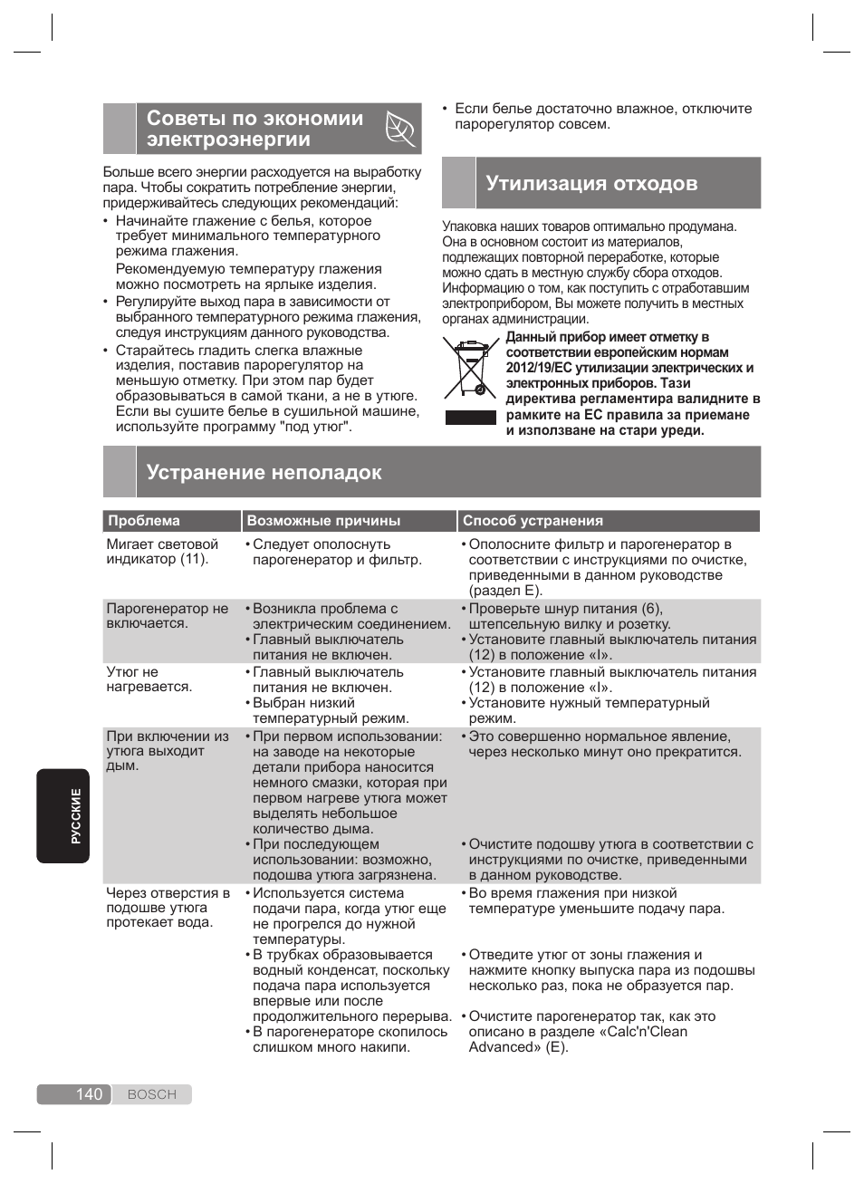 Утилизация отходов, Советы по экономии электроэнергии, Устранение неполадок | Bosch TDS4530 User Manual | Page 140 / 160