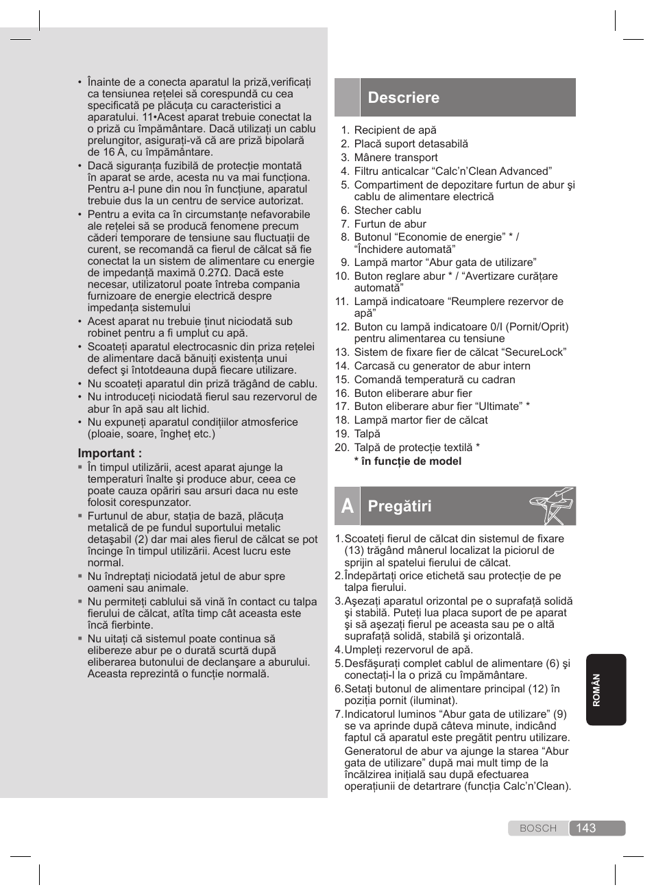 Descriere, Pregătiri | Bosch TDS4530 User Manual | Page 143 / 160