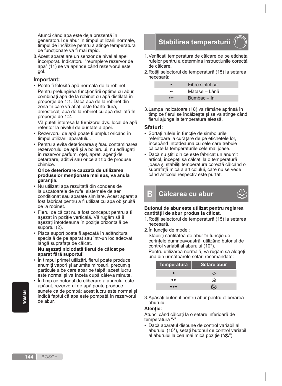 Stabilirea temperaturii, Călcarea cu abur | Bosch TDS4530 User Manual | Page 144 / 160