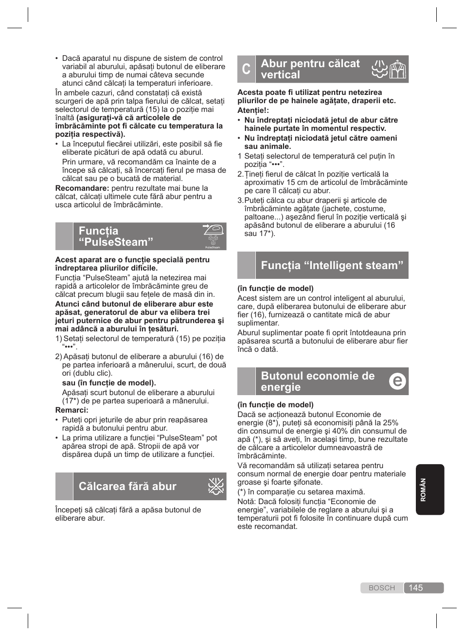 Abur pentru călcat vertical, Funcţia “intelligent steam, Butonul economie de energie | Funcţia “pulsesteam, Călcarea fără abur | Bosch TDS4530 User Manual | Page 145 / 160