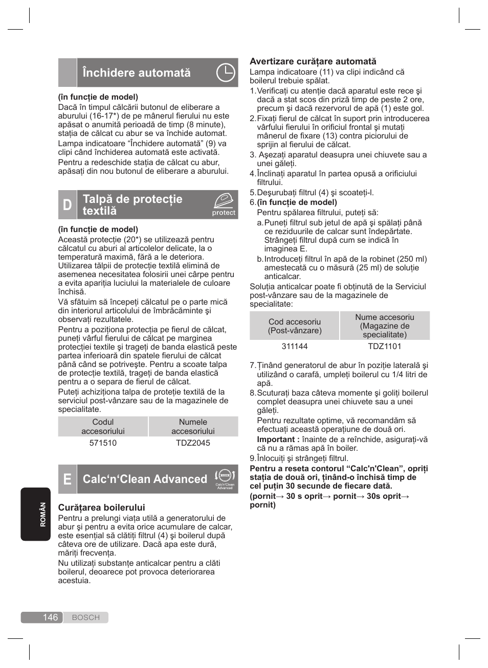 Închidere automată, Talpă de protecţie textilă, Calc‘n‘clean advanced | Bosch TDS4530 User Manual | Page 146 / 160