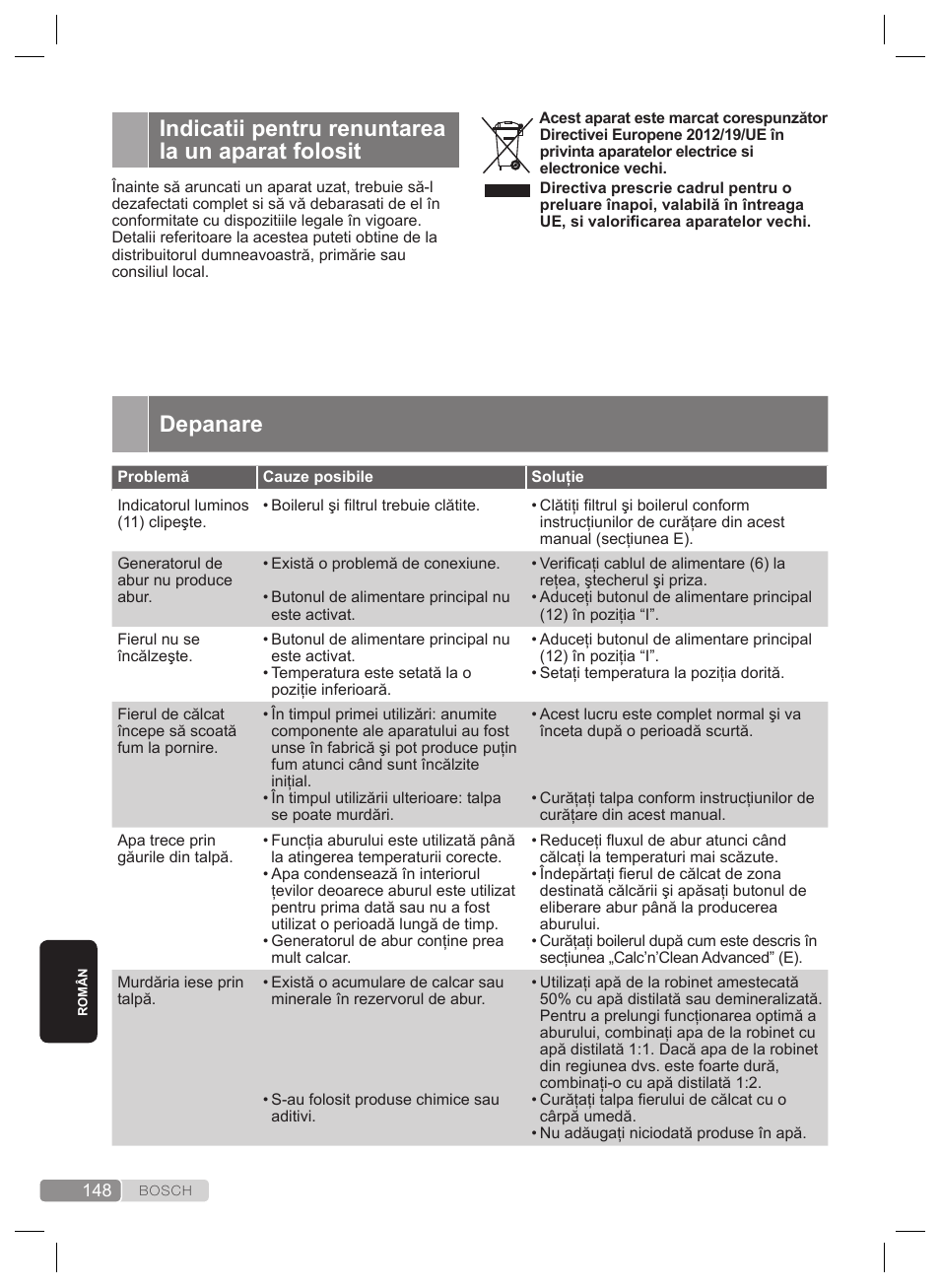 Depanare, Indicatii pentru renuntarea la un aparat folosit | Bosch TDS4530 User Manual | Page 148 / 160