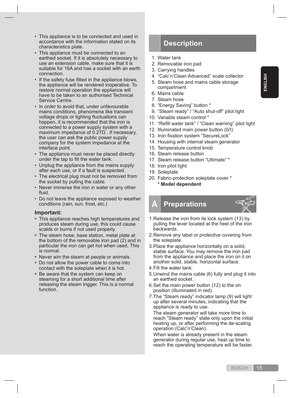 Description, Preparations | Bosch TDS4530 User Manual | Page 15 / 160