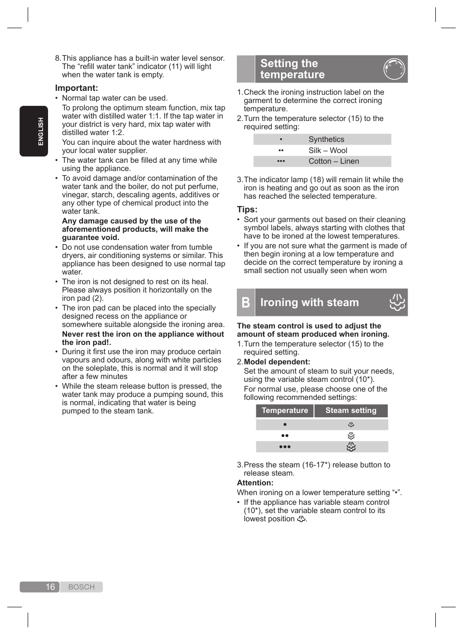 Setting the temperature, Ironing with steam | Bosch TDS4530 User Manual | Page 16 / 160