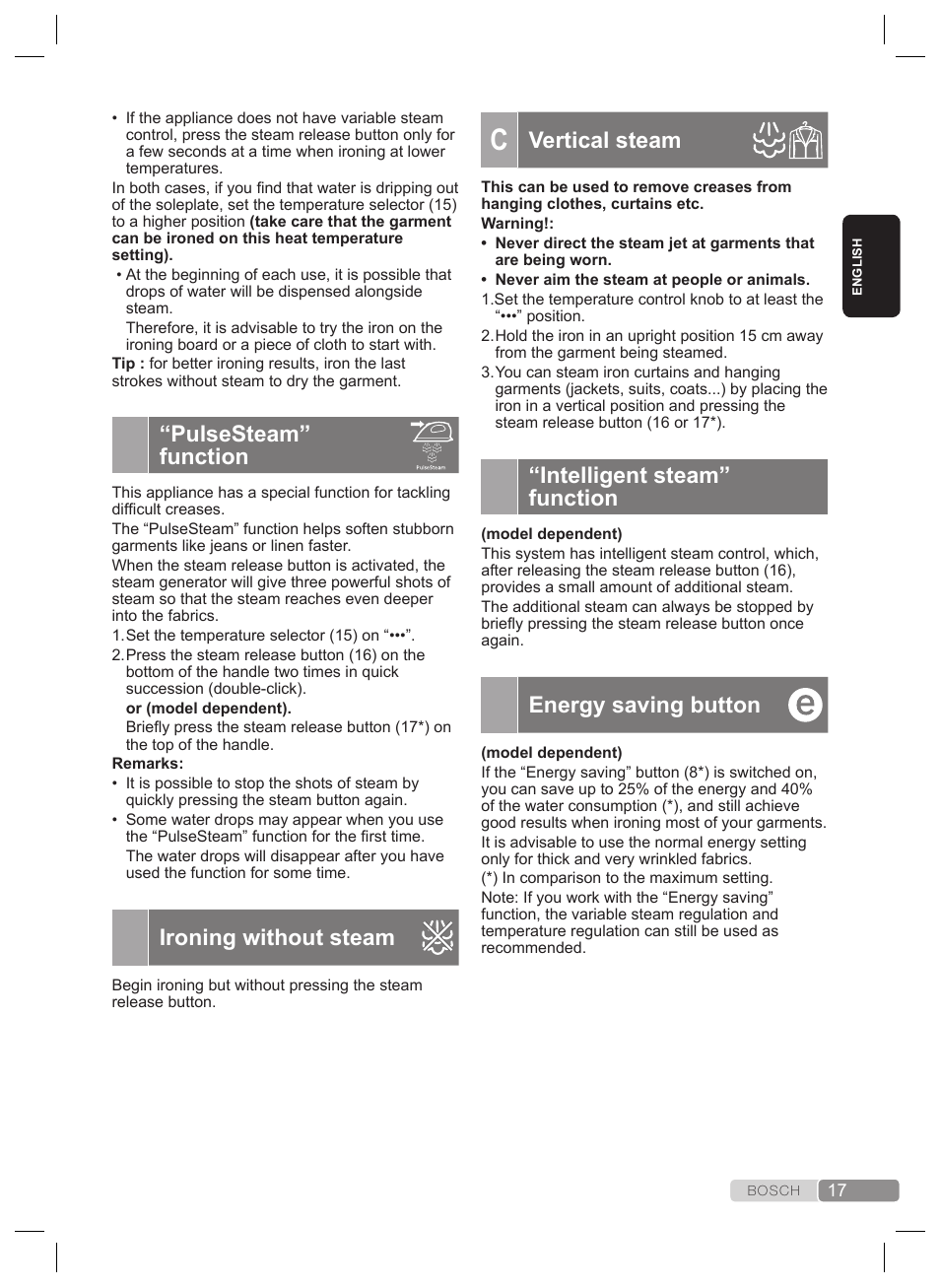 Pulsesteam” function, Ironing without steam, Vertical steam | Intelligent steam” function, Energy saving button | Bosch TDS4530 User Manual | Page 17 / 160