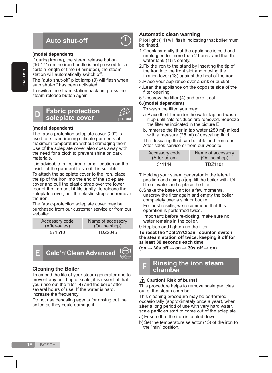 Rinsing the iron steam chamber, Auto shut-off, Fabric protection soleplate cover | Calc‘n‘clean advanced | Bosch TDS4530 User Manual | Page 18 / 160