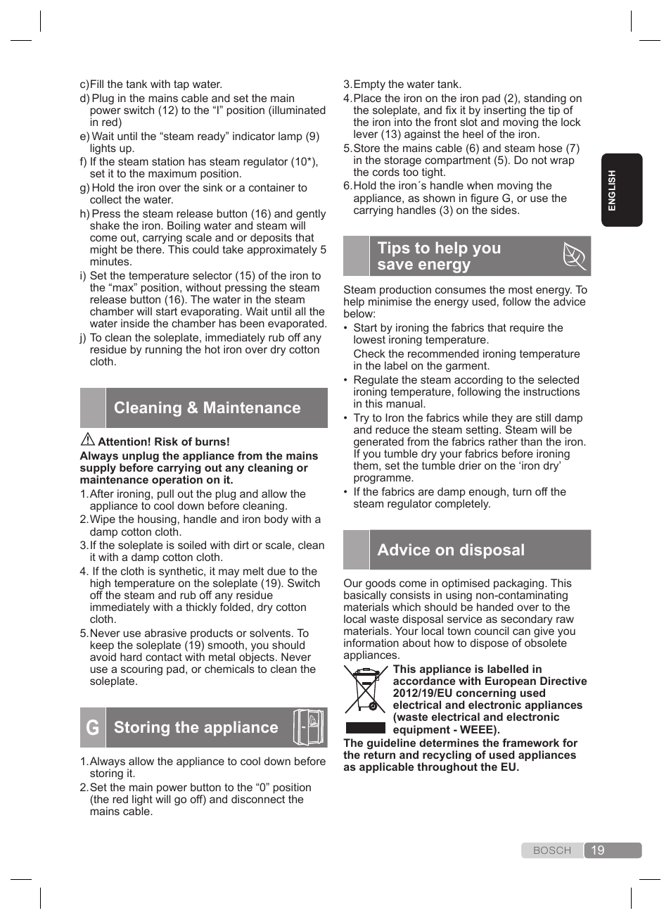 Tips to help you save energy, Advice on disposal, Cleaning & maintenance | Storing the appliance | Bosch TDS4530 User Manual | Page 19 / 160