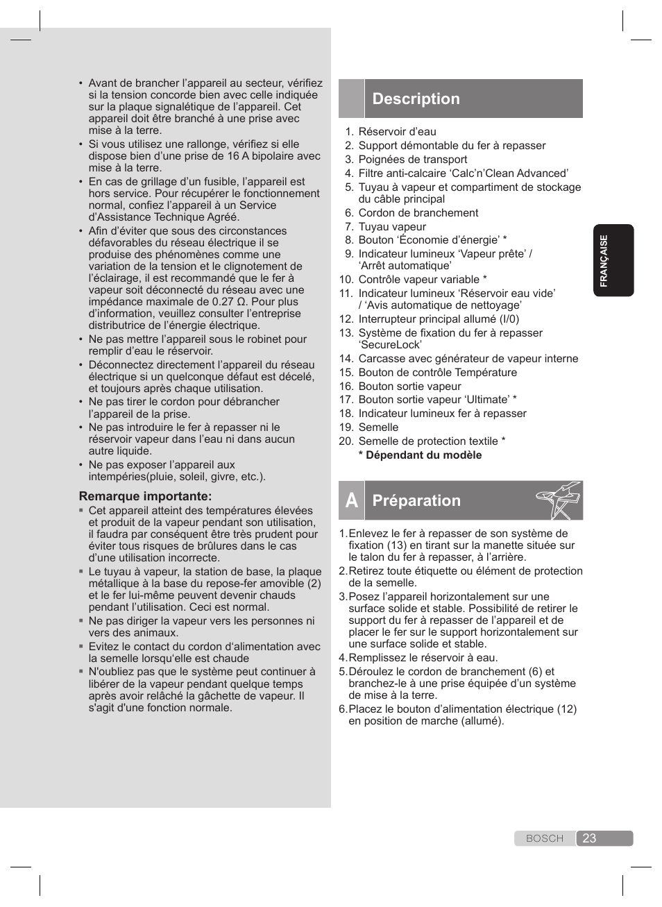 Description, Préparation | Bosch TDS4530 User Manual | Page 23 / 160