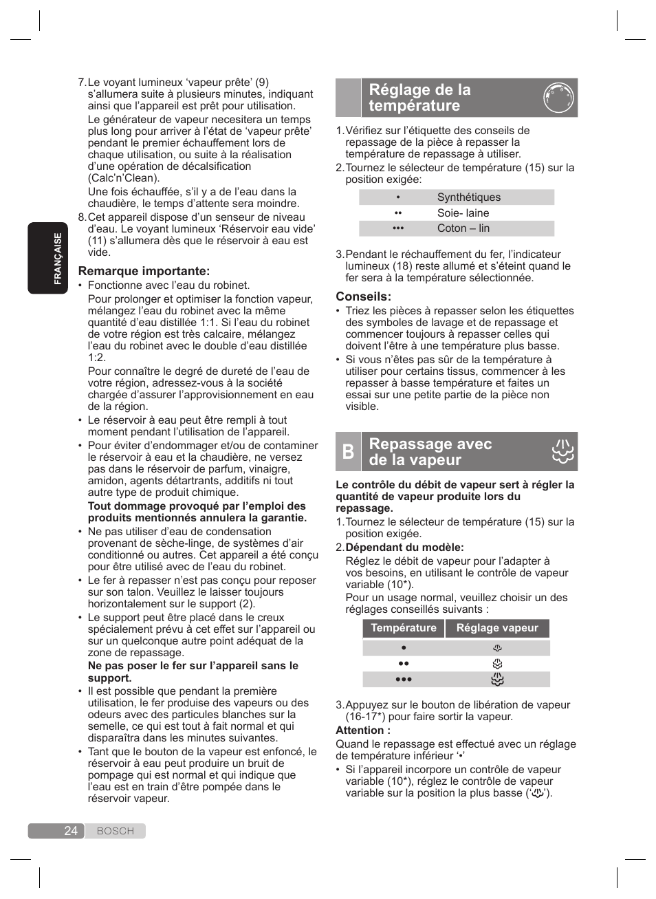 Réglage de la température, Repassage avec de la vapeur | Bosch TDS4530 User Manual | Page 24 / 160