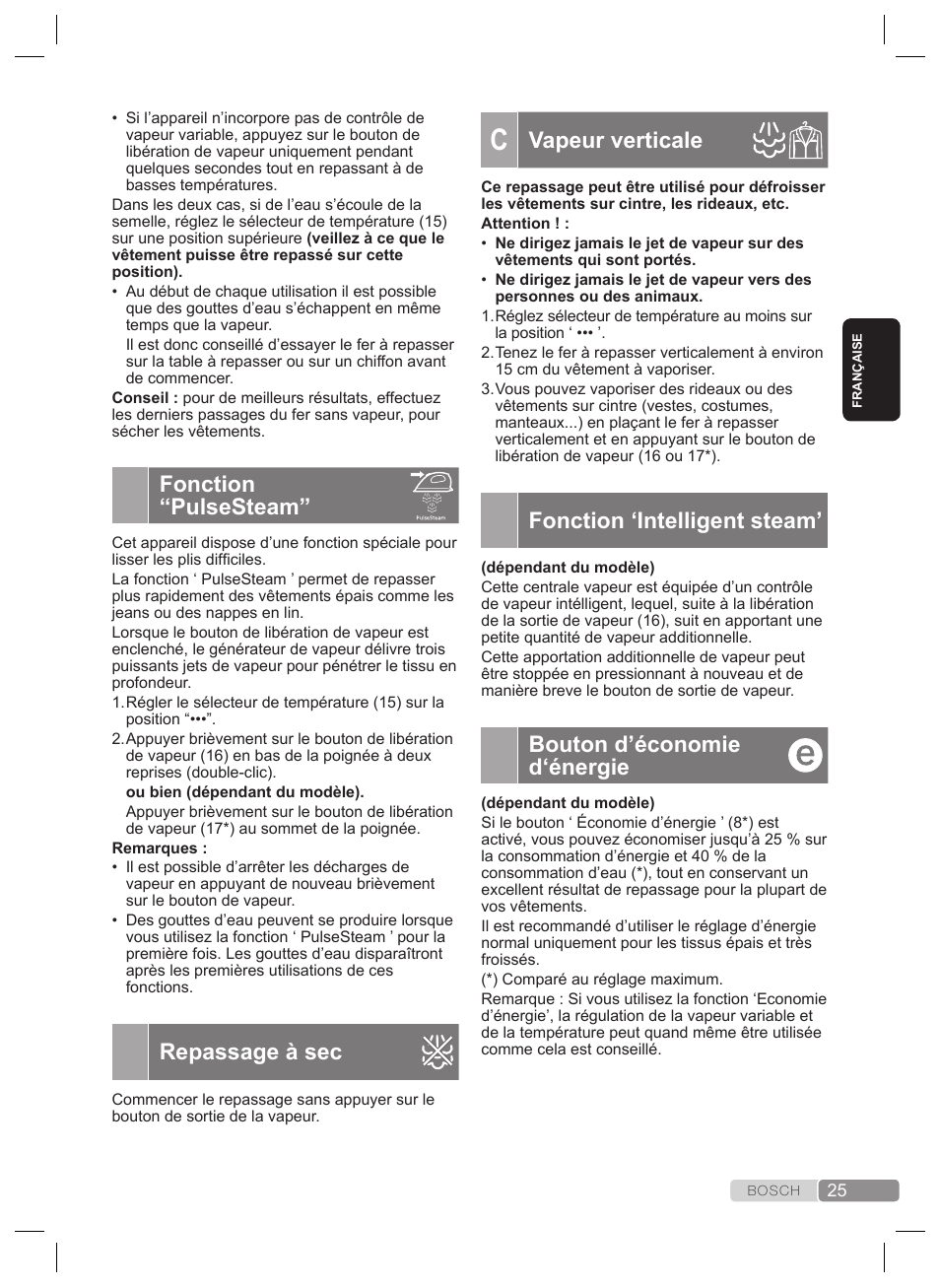 Vapeur verticale, Fonction ‘intelligent steam, Bouton d’économie d‘énergie | Fonction “pulsesteam, Repassage à sec | Bosch TDS4530 User Manual | Page 25 / 160