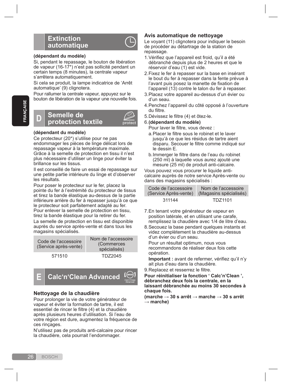 Extinction automatique, Semelle de protection textile, Calc‘n‘clean advanced | Bosch TDS4530 User Manual | Page 26 / 160