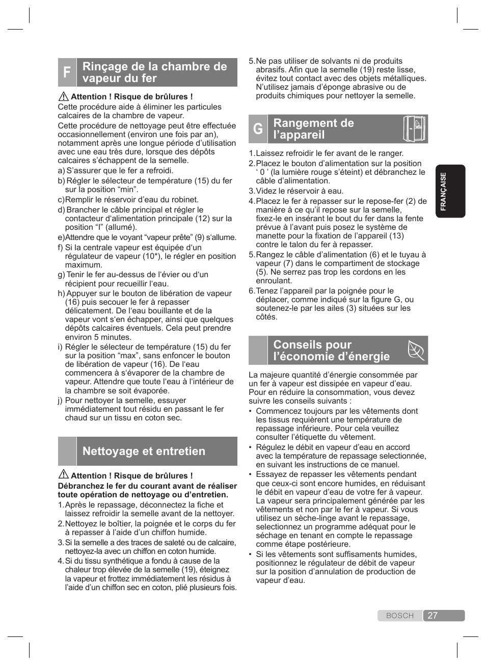 Rangement de l’appareil, Conseils pour l’économie d’énergie, Rinçage de la chambre de vapeur du fer | Nettoyage et entretien | Bosch TDS4530 User Manual | Page 27 / 160