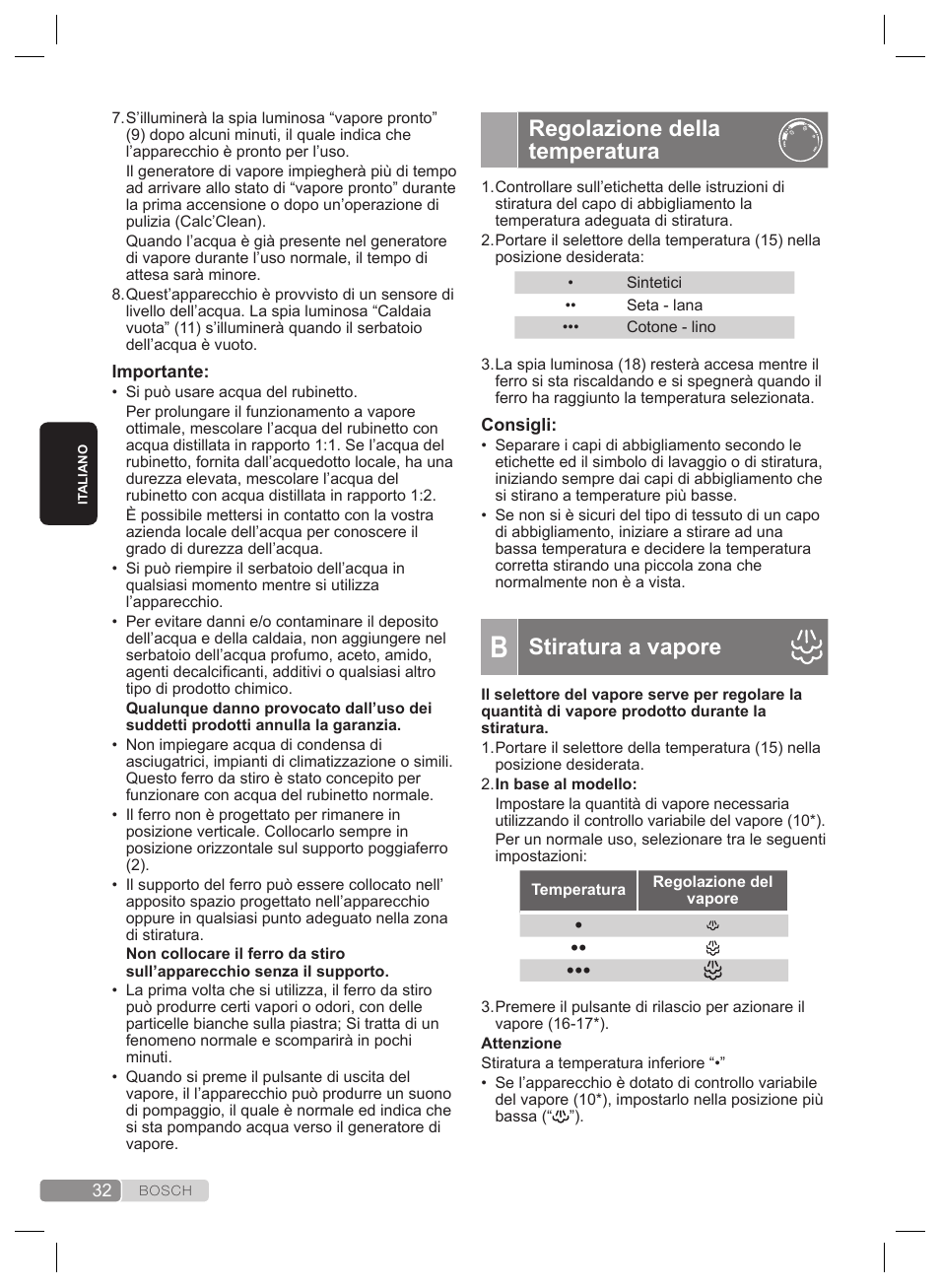 Regolazione della temperatura, Stiratura a vapore | Bosch TDS4530 User Manual | Page 32 / 160